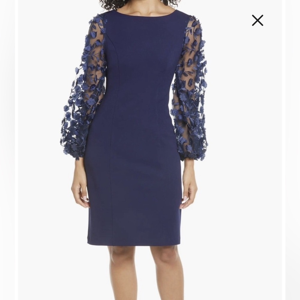 Eliza J Off the Shoulder 3D Floral Sleeve Scuba Crepe Navy Dress. Size 12